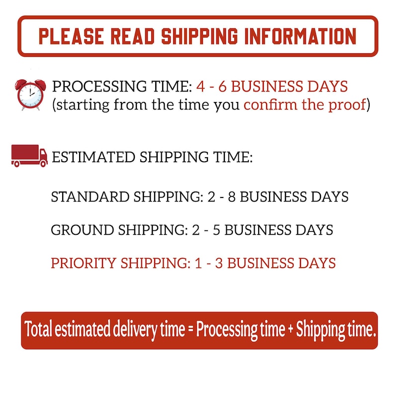 May include: White background with text in a red rectangular banner that reads "PLEASE READ SHIPPING INFORMATION". Below, text details processing and shipping times, including standard, ground, and priority options. A red alarm clock and truck icon are included.