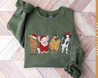 Christmas Farm Animals Png, Cute Cow Christmas Png, Christmas Farm Png, Christmas Pig Png, Vintage Christmas PNG,  Instant Download