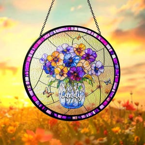 Customized Pansies Glass Suncatcher, Mothers Day Flower Suncatcher, Pansies Boutique In Vase Suncatcher, Window Decoration, Gift For Her