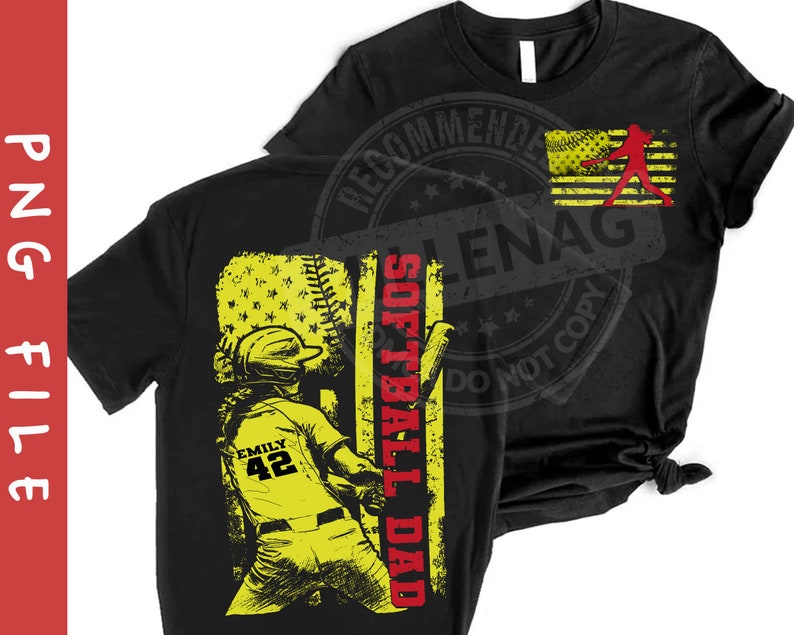 May include: Black t-shirt with a yellow and red graphic of a softball player with the text "Softball Dad" and the number "42" on the player's jersey. The player is standing in front of an American flag.
