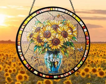 Customized Sunflower Glass Suncatcher, Mothers Day Flower Suncatcher, Sunflower Boutique In Vase Suncatcher, Window Decoration, Gift For Her