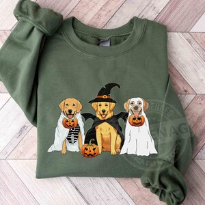 May include: A green sweatshirt with a design of three golden retrievers dressed up for Halloween. One dog is wearing a witch's hat and cape, another is holding a pumpkin, and the third is dressed as a ghost.