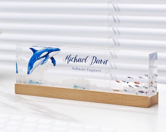 Personalized Name Plate for Desk | Unique Ocean Whale Design On Clear Acrylic | Office Desk Decor | Phd Gift | Daughter Gift | New Job Gift