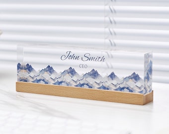 Desk Name Plate Personalized with Wooden Base, Custom Office Decor, Unique Mountains Design On Clear Acrylic, Office Gift, Teacher Gifts