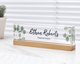 Personalized Acrylic Desk Name with Base, Green Leaves on Clear Acrylic, Executive Desk Sign, Office Decor Gifts for Coworkers, Gift for Her