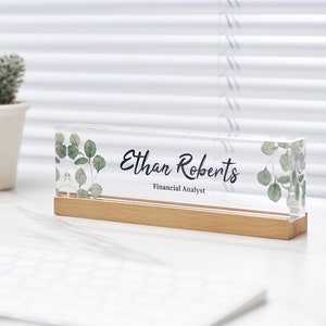 Personalized Acrylic Desk Name with Base, Green Leaves on Clear Acrylic, Executive Desk Sign, Office Decor Gifts for Coworkers, Gift for Her