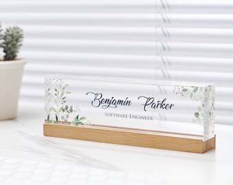 Personalized Acrylic Desk Name with Base, Green Leaves on Clear Acrylic, Teacher Gift, Custom Name Plate, Living Room Decor, Graduation Gift