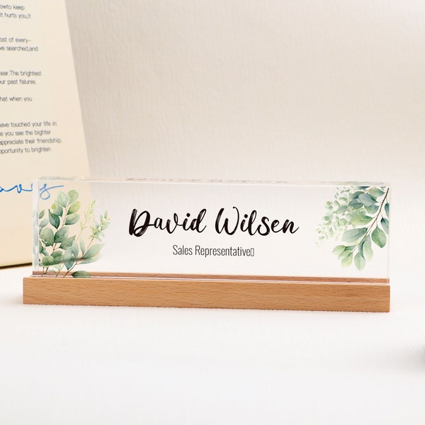 Personalized acrylic desk plaque with wooden base, green leaves on clear acrylic, a touch of nature on your desk