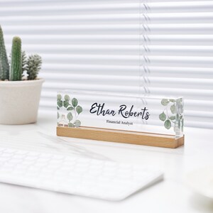 Personalized Name Plate for Desk Green Leaves On Clear Acrylic Office Desk Decor Phd Gift Daughter Gift New Job Gift image 8