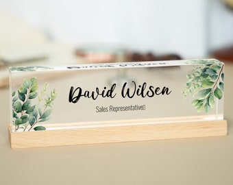 Placa de nombre personalizada para escritorio/hojas verdes en acrílico transparente/decoración de escritorio de oficina/regalo de doctorado/regalo de hija/regalo de nuevo trabajo