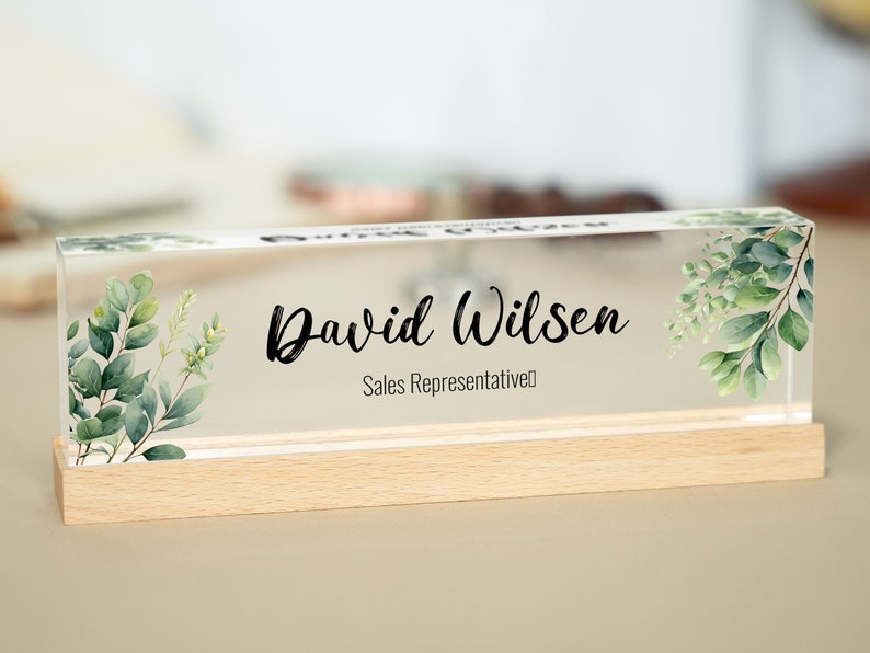Personalized Name Plate for Desk Green Leaves On Clear Acrylic Office Desk Decor Phd Gift Daughter Gift New Job Gift image 1