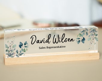 Desk Name Plate Personalized with Wooden Base, Custom Office Decor, Green Leaves On Clear Acrylic, Office Gift, Teacher Gifts