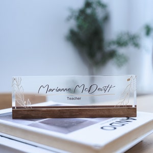 Personalized acrylic name plate, custom office decor nameplate sign, leaves design on clear acrylic glass