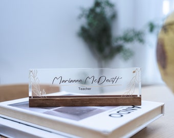 Personalized acrylic name plate, custom office decor nameplate sign, leaves design on clear acrylic glass