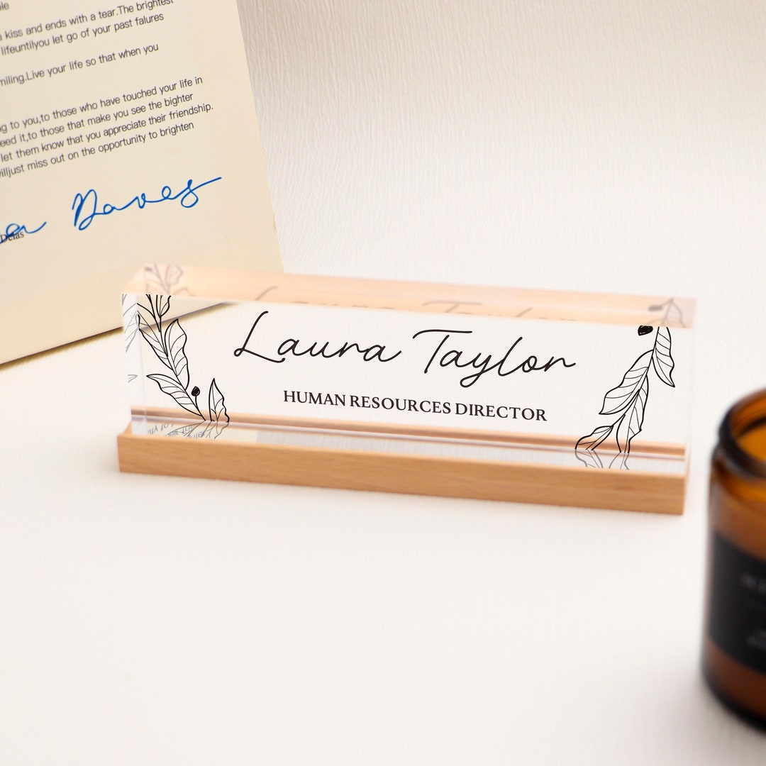 Personalized Desk Name Plate With Wooden Base Custom Acrylic Office