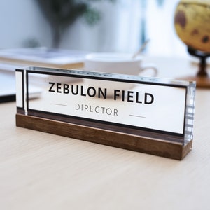 Minimalist acrylic desk nameplate with wooden base, refined office essential, elevate your workspace