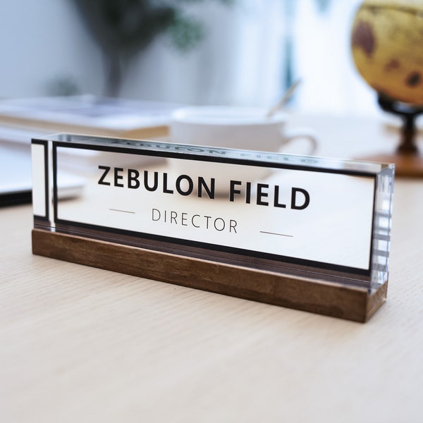 Plaque signalétique minimaliste en acrylique avec base en bois, indispensable pour un bureau raffiné, embellissez votre espace de travail