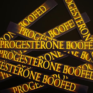 May include: A dark background with several rectangular stickers. The stickers have the words "PROGESTERONE BOOFED" in a bright yellow, glowing font. The stickers are overlapping and scattered.
