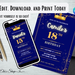Convite de aniversário para meninos, convite de 15 anos para meninos, convite azul dourado, convite de aniversário para homens, convite digital, convite editável