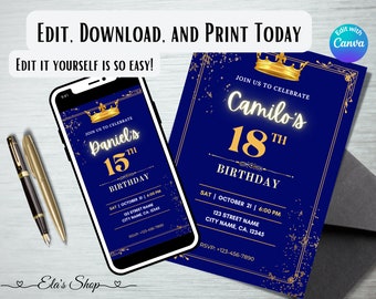 Boys Birthday Invitation, Boy 15 Birthday Invitation, Gold Blue Invitation, Man Birthday Invitation, Digital Invitation, Editable Invitation