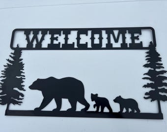 Welcome, sign, Bear with 2 cubs