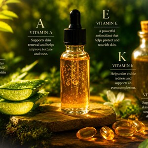 K&ouml;nnte beinhalten: Eine klare Glastropfflasche mit goldener Fl&uuml;ssigkeit, umgeben von Aloe-Vera-Scheiben, goldenen Kapseln und einem kleinen Glasgef&auml;&szlig;. Textetiketten benennen die Inhaltsstoffe Vitamin A, E, K, D sowie Aloe und beschreiben deren Wirkung auf die Haut.