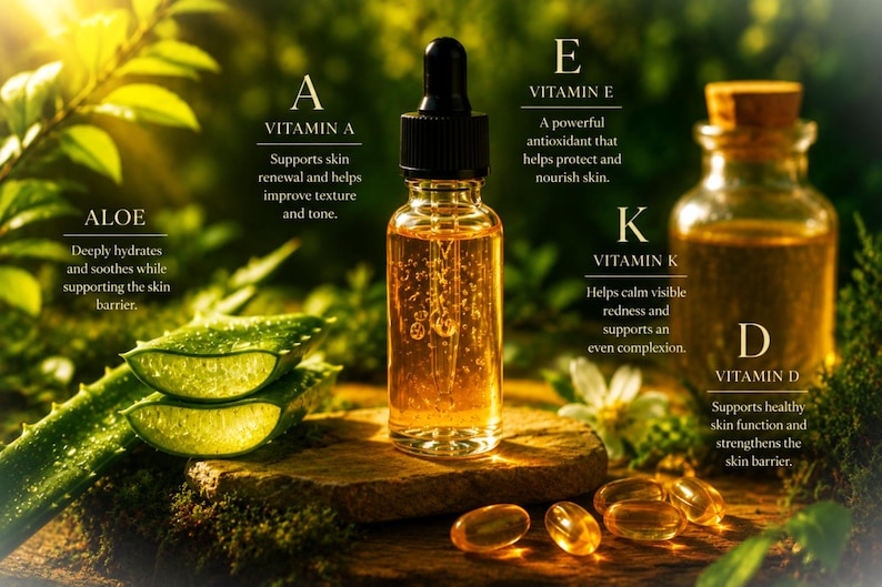 K&ouml;nnte beinhalten: Eine klare Glastropfflasche mit goldener Fl&uuml;ssigkeit, umgeben von Aloe-Vera-Scheiben, goldenen Kapseln und einem kleinen Glasgef&auml;&szlig;. Textetiketten benennen die Inhaltsstoffe Vitamin A, E, K, D sowie Aloe und beschreiben deren Wirkung auf die Haut.