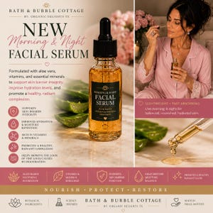 K&ouml;nnte beinhalten: Eine klare Glas-Pipettenflasche mit Bath & Bubble Cottage Morning & Night Gesichtsserum und schwarzem Verschluss. Das Etikett enth&auml;lt Text &uuml;ber die Inhaltsstoffe Aloe Vera, Vitamine und Mineralien. Das Serum ist goldfarben.