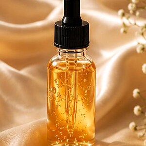 K&ouml;nnte beinhalten: Eine klare Glastropfflasche gef&uuml;llt mit einer gold-bernsteinfarbenen Fl&uuml;ssigkeit. Die Flasche hat einen schwarzen Schraubverschluss mit integriertem schwarzen Gummisauger. Die Glaspipette reicht in die Mitte der Fl&uuml;ssigkeit, die sichtbare Blasen enth&auml;lt.