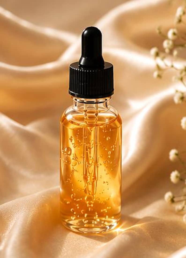 K&ouml;nnte beinhalten: Eine klare Glastropfflasche gef&uuml;llt mit einer gold-bernsteinfarbenen Fl&uuml;ssigkeit. Die Flasche hat einen schwarzen Schraubverschluss mit integriertem schwarzen Gummisauger. Die Glaspipette reicht in die Mitte der Fl&uuml;ssigkeit, die sichtbare Blasen enth&auml;lt.