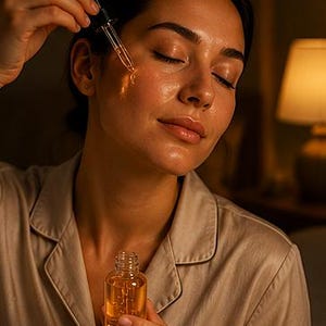 K&ouml;nnte beinhalten: Eine kleine, durchsichtige Glasflasche mit goldenem Gesichts&ouml;l und einem schwarzen Tropfverschluss. Die Pipette gibt einen Tropfen der bernsteinfarbenen Fl&uuml;ssigkeit auf die Wange ab, w&auml;hrend die Flasche im unteren Vordergrund gehalten wird.