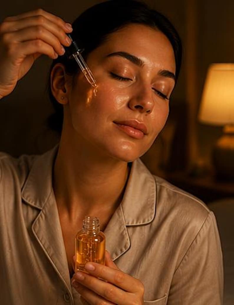 K&ouml;nnte beinhalten: Eine kleine, durchsichtige Glasflasche mit goldenem Gesichts&ouml;l und einem schwarzen Tropfverschluss. Die Pipette gibt einen Tropfen der bernsteinfarbenen Fl&uuml;ssigkeit auf die Wange ab, w&auml;hrend die Flasche im unteren Vordergrund gehalten wird.
