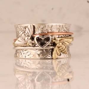 Honey Bee & Heart Solid 925 sterlingzilveren spinnerring voor mannen vrouwen, handgemaakte modieuze driekleurige ring cadeau idee bruidsmeisje sieraden
