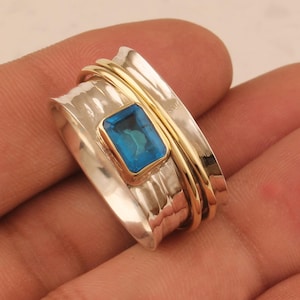 Blue Topaz Gemstone Solid 925 Sterling Silver Tow Fidget Gold Thum Band Ring, Hand  Hammered Birthstone Leo Spinner Ring Gifts Idea