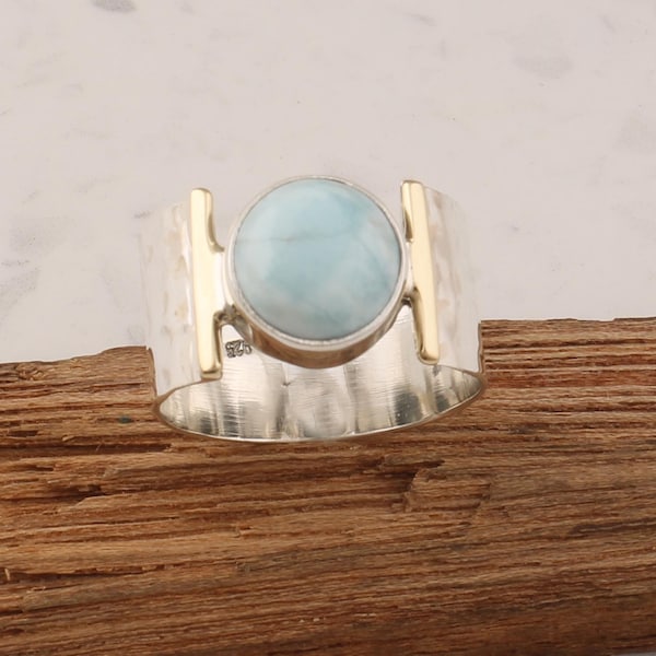 Handmade Larimar Gemstone Ring: Hammered 925 Sterling Silver Band