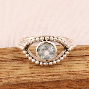 Blue Topaz Sterling Silver With 925 Stamped Purity Ring For Women, Handmade Round Cut Gemstone Evil Eye Ring Gifts Idea For Mother&#39;s Day
