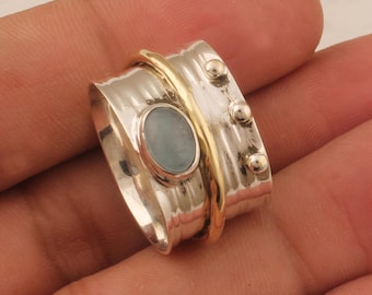 Anillo giratorio de plata esterlina 925 maciza con aguamarina, banda dorada para mujer, anillo de dos tonos martillado hecho a mano, regalos
