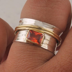 Orange Cubic Zircon Gemstone Solid 925 Sterling Silver Tow Fidget Gold Thumb Band Ring, Hand  Hammered Birthstone Leo Spinner Ring Gift Idea