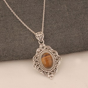 Handmade Sterling Silver Tiger Eye Pendant Necklace: Boho Gemstone