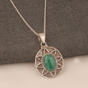 Handmade Sterling Silver Malachite Pendant Necklace: Boho Oval Gemstone