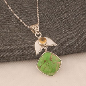 Solid 925 Sterling Silver Green Copper Turquoise & Citrine Necklace Pendant For Women, Handmade Silver Boho Cushion Gemstone Pendant Gift