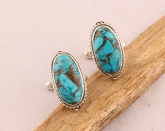 Men&#39;s Blue Copper Turquoise Solid 925 Sterling Silver Oval Gemstone Cufflinks For Him, Handmade Boho Cufflink Gifts For Wedding Anniversary