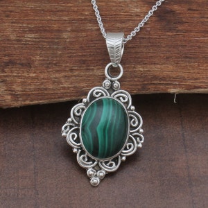 Handmade Sterling Silver Malachite Pendant Necklace: Carved Boho Jewelry