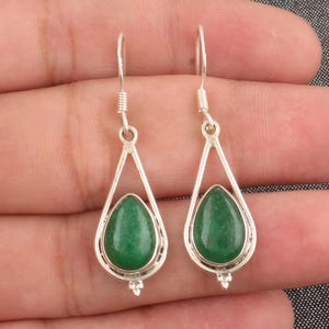 Green Jade Teardrop Earrings: Handmade 925 Sterling Silver Pear Stone