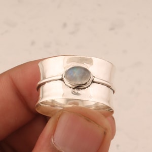 Rainbow Moonstone Sterling Silver Band Ring: Handmade Worry Fidget Ring