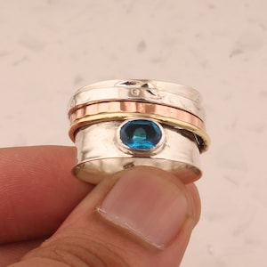 Blue Topaz Quartz Sterling Silver Spinner Ring: Engraved Anxiety Ring