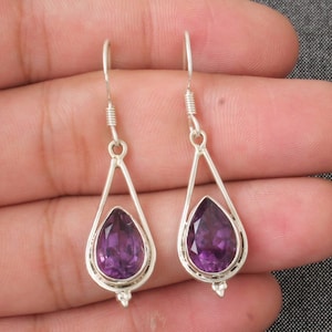 Amethyst 925 Sterling Silver Teardrop Earrings: Handmade Pear Stone