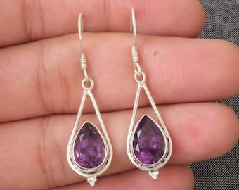 Amethyst 925 Sterling Silver Teardrop Earrings: Handmade Pear Stone