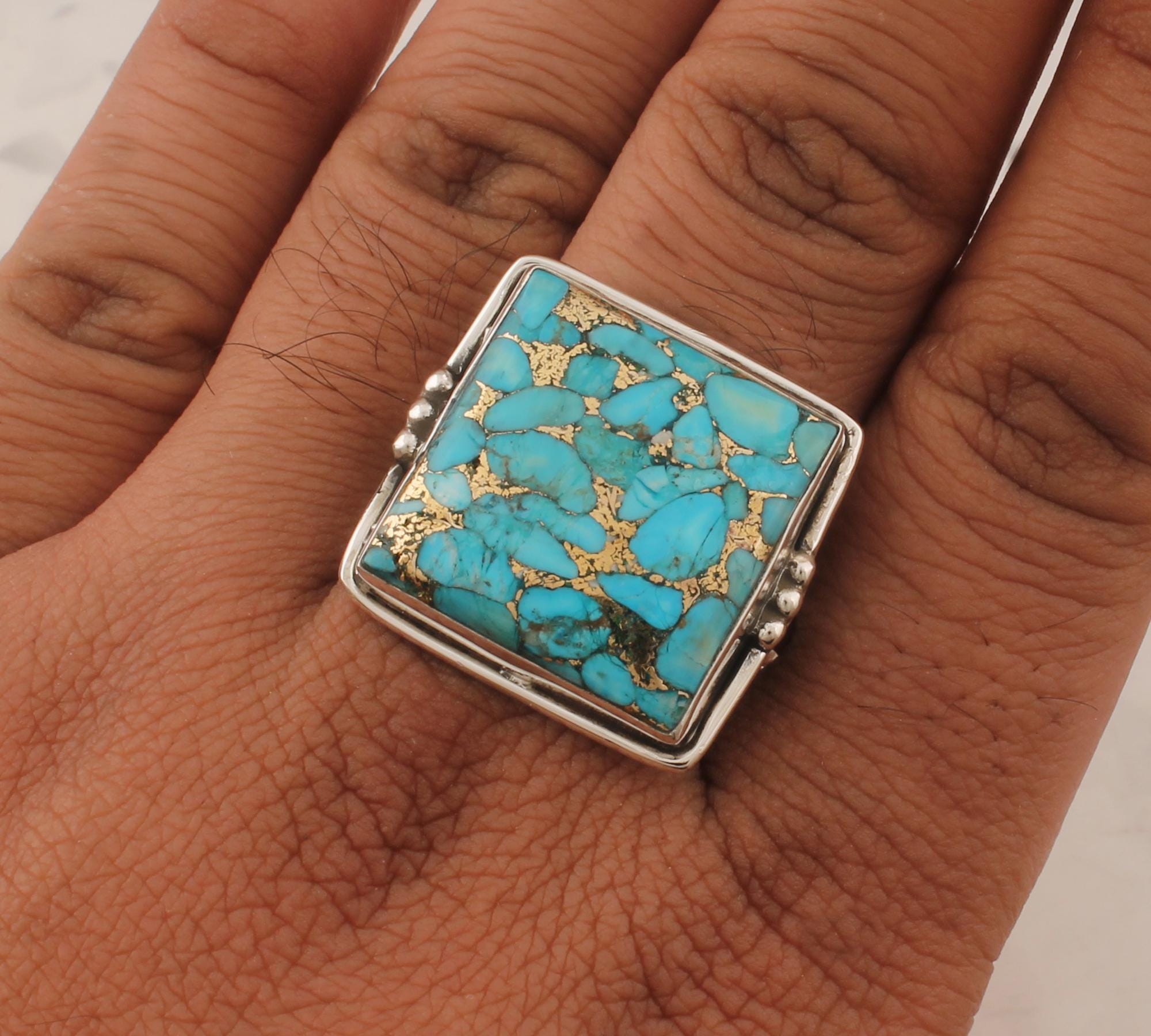 Blue Copper Turquoise Solid 925 Sterling Silver Ring For Women, Designer Handmade Women Squire Stone Ring For Wedding Anniversary Gift Idea