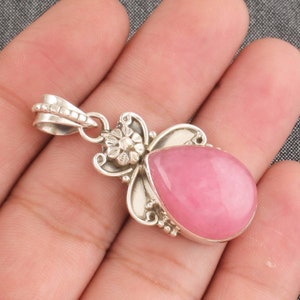 Pink Jade Sterling Silver Flower Pendant Necklace - Handmade